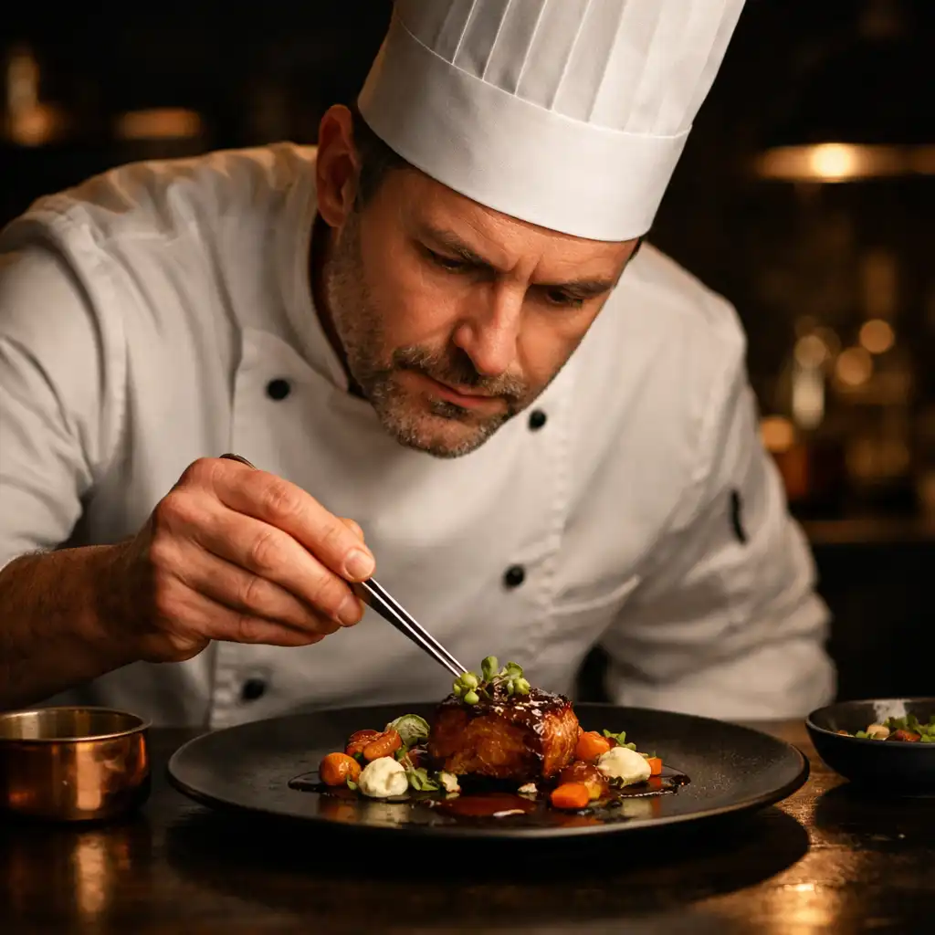 Executive chef plating a gourmet dish in a dark kitchen