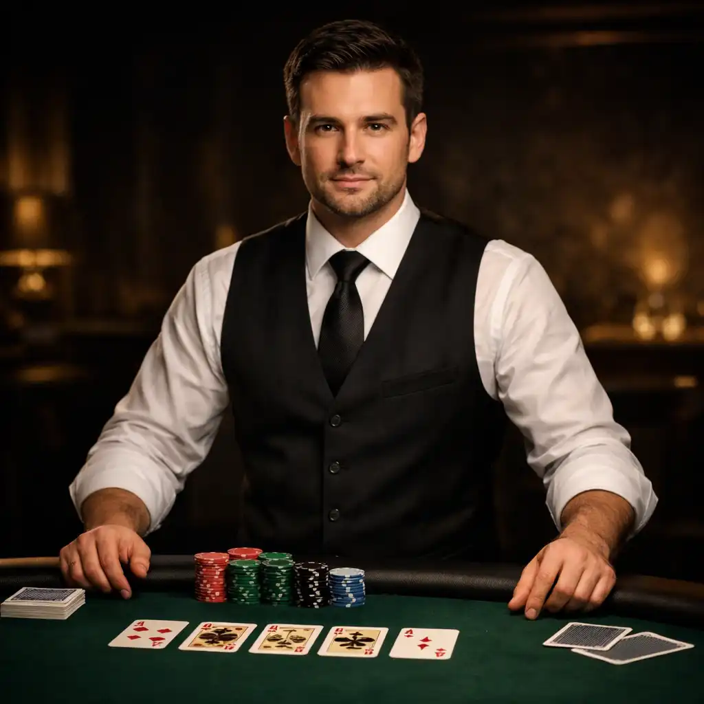 Professional poker dealer in dark vest and tie standing behind a poker table