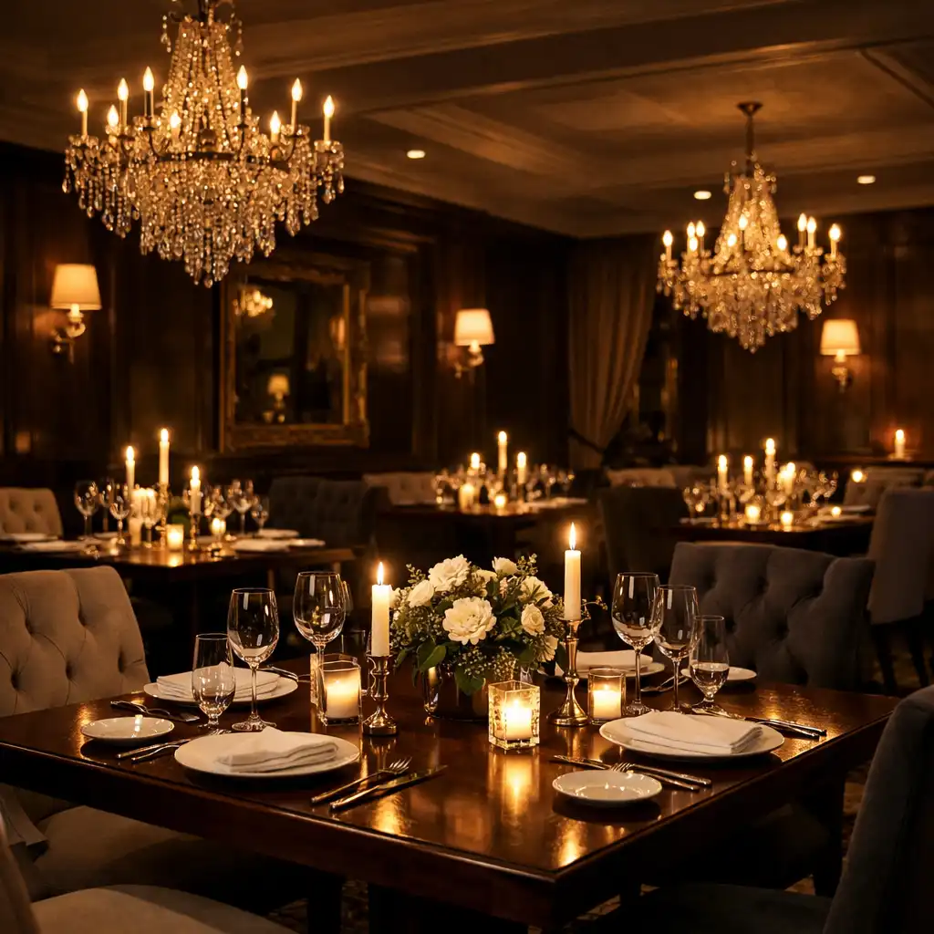 Elegant dining room with dark wood tables, upholstered chairs, crystal chandeliers, and candlelight