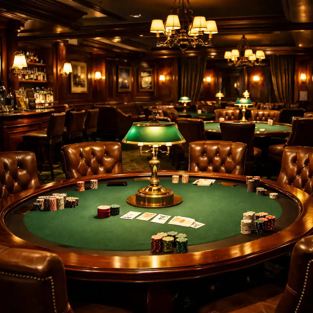 Luxurious poker lounge interior with mahogany tables, green felt, brass lamps, and leather chairs