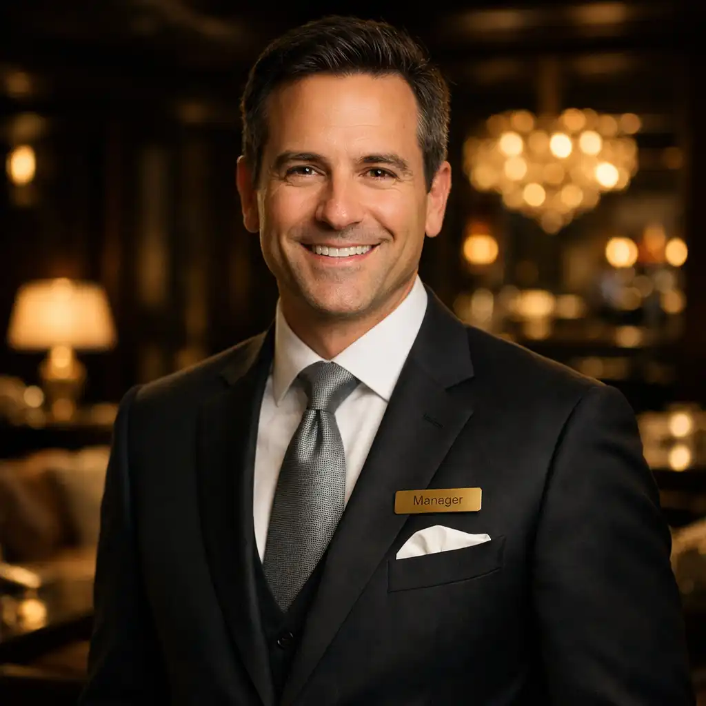 Hospitality manager in an elegant suit smiling in a luxurious lounge