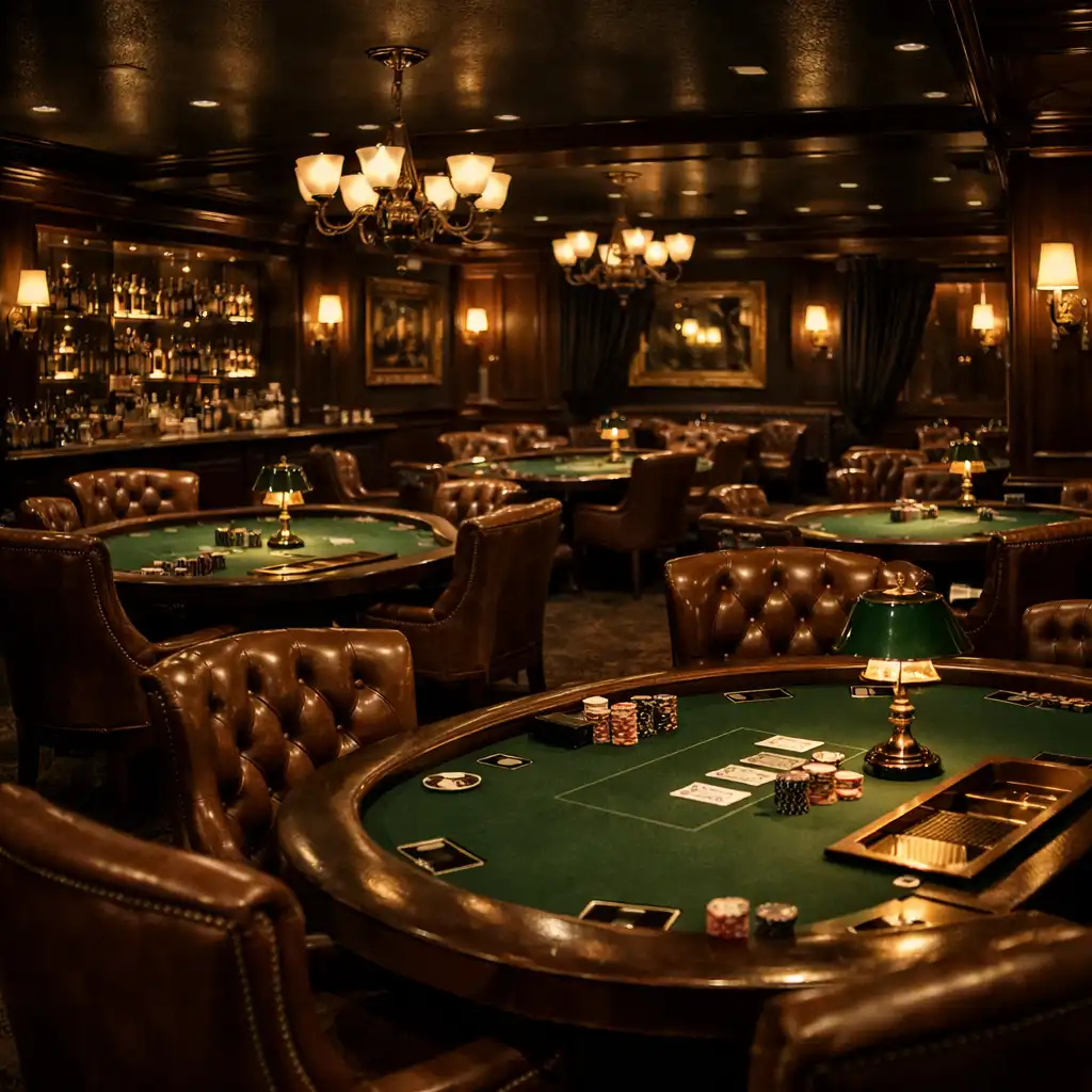 Poker lounge with multiple tables, leather chairs, and brass lamps in a moody, exclusive atmosphere
