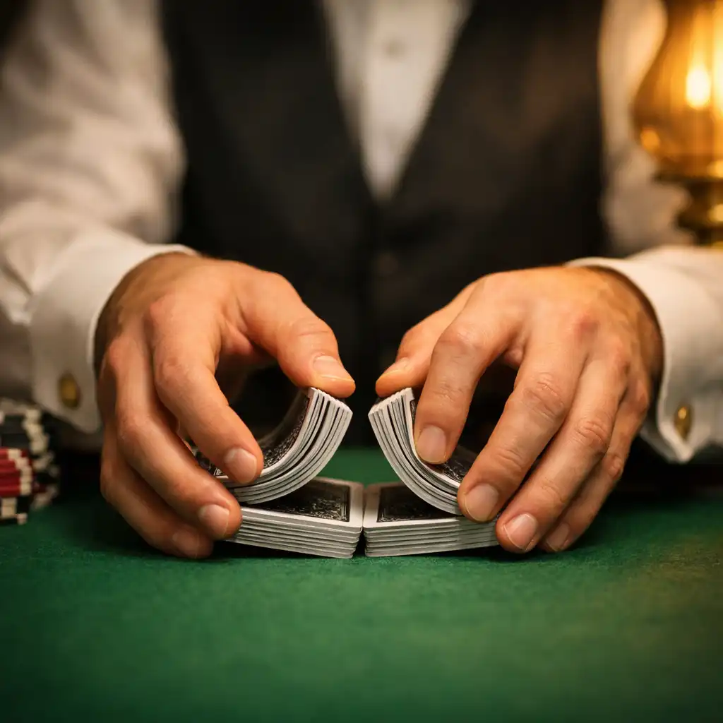 Professional dealer's hands shuffling cards on a green felt poker table with chips and brass lamp