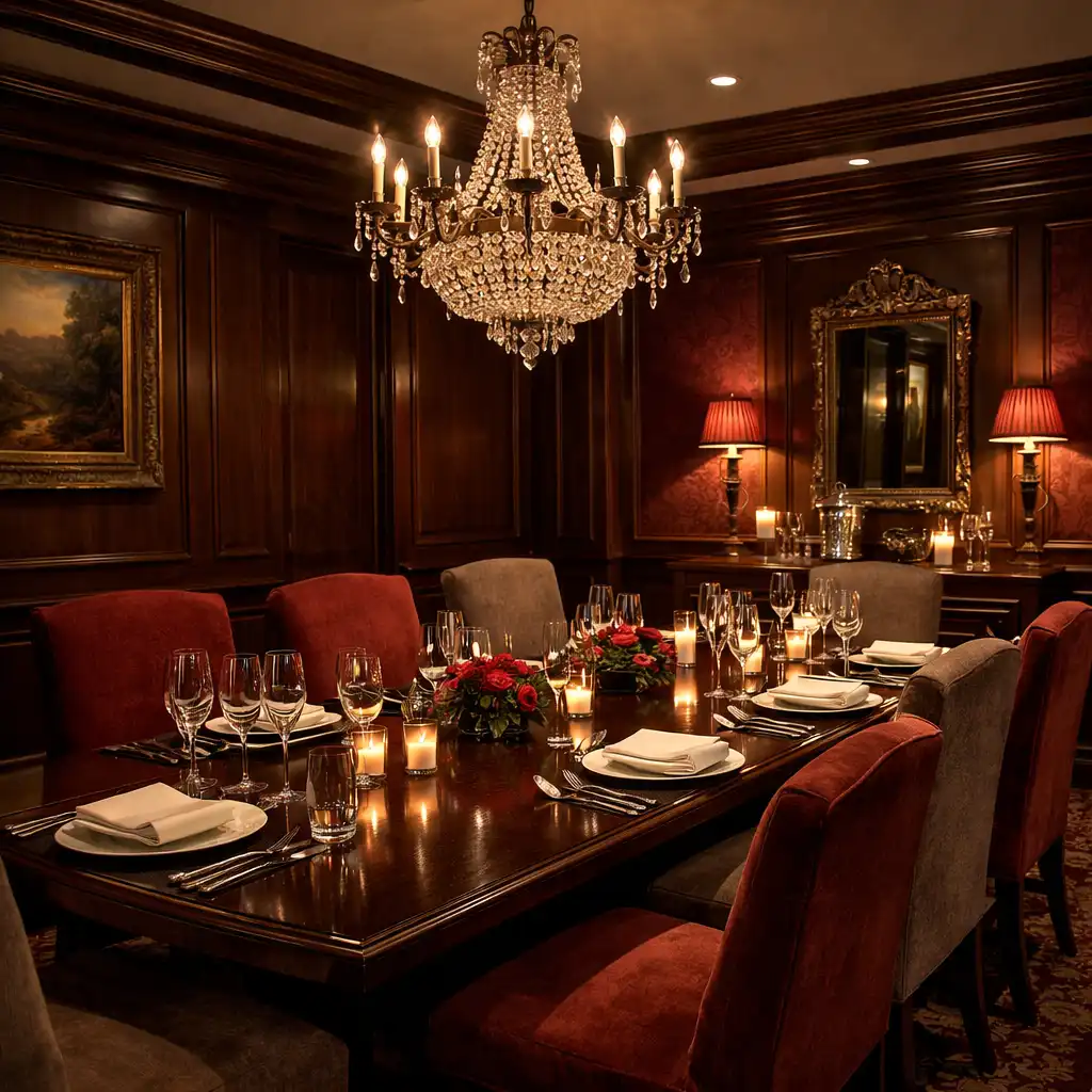 Private dining room with a long table set for eight and a chandelier