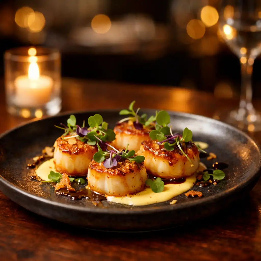 Seared scallops on a dark ceramic plate in an upscale restaurant