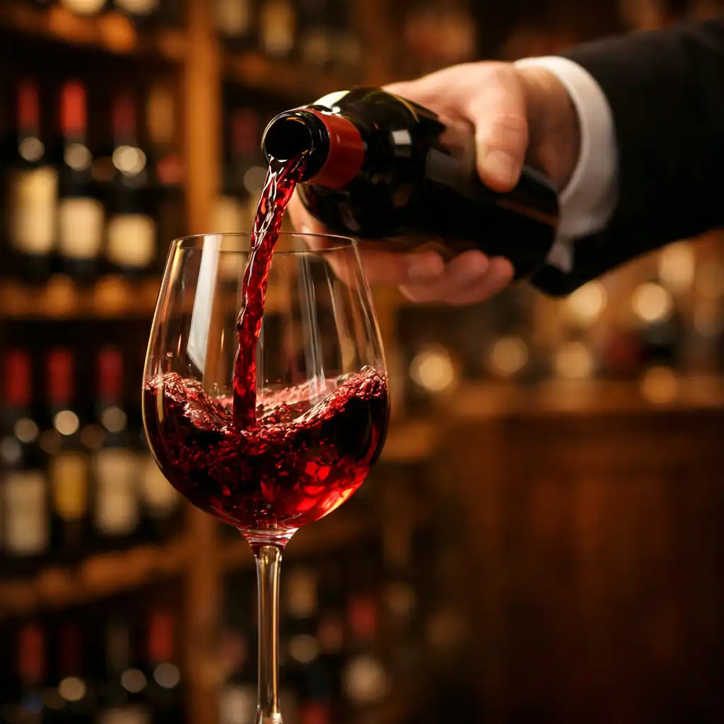 Sommelier pouring red wine into a crystal glass in a wine cellar