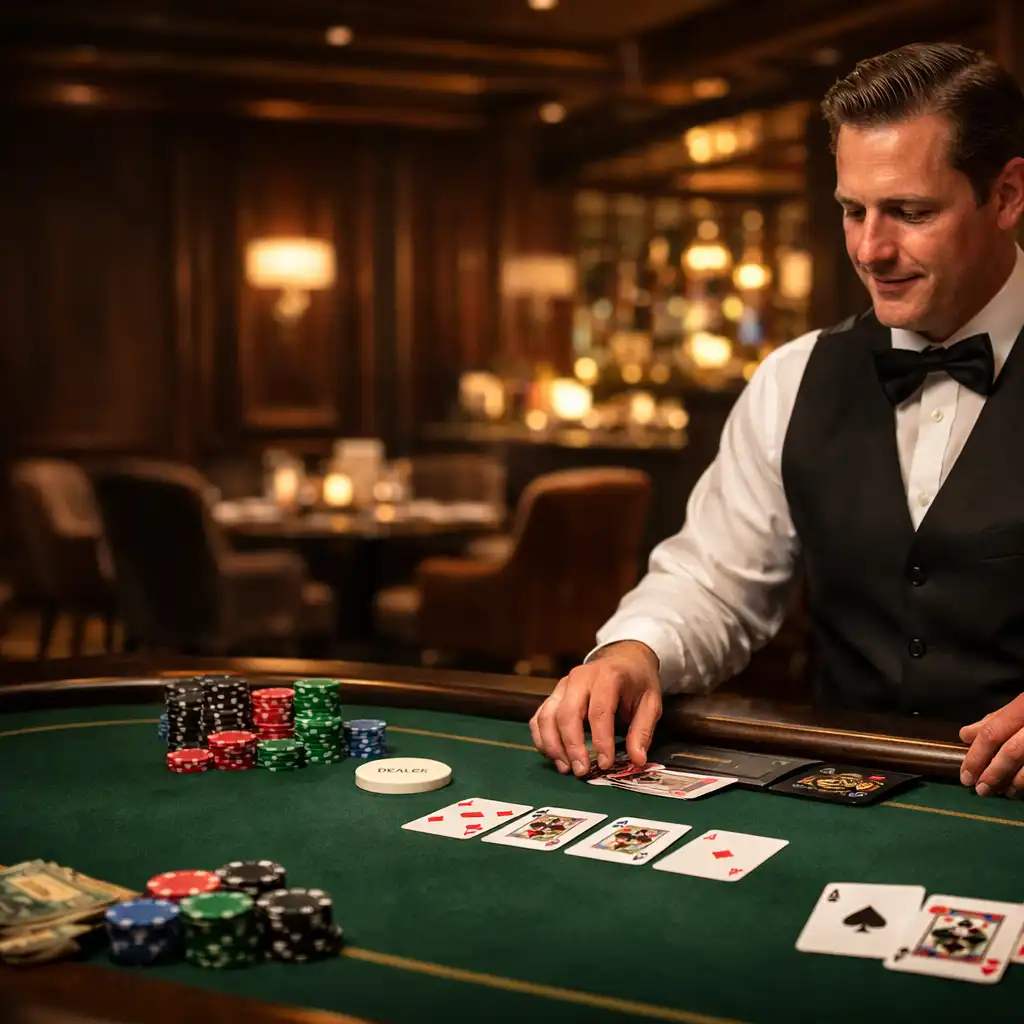 Professional dealer managing a Texas Hold'em table in the executive card lounge at Apuestas Club Sydney