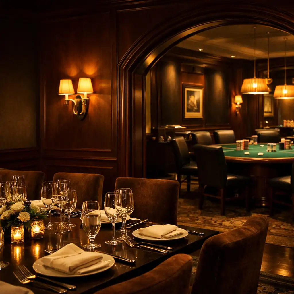 Mood-lit executive dining room with a view into a professional poker card room
