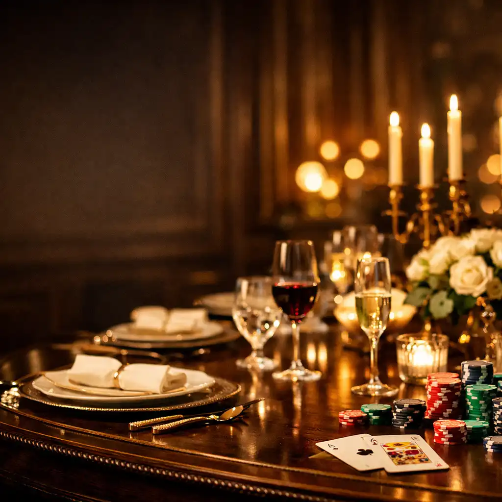 Elegant dining table with fine china and poker chips in a dimly lit executive room