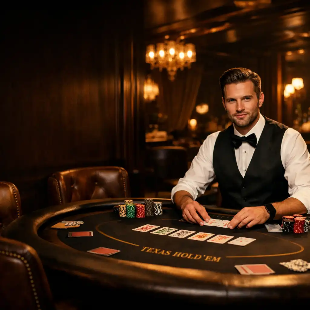 Luxurious poker lounge interior with a professional dealer at a Texas Hold'em table