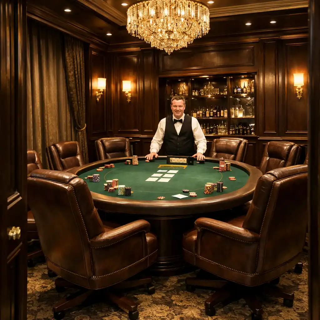 Private high roller poker room with a single table, leather chairs, and a dedicated dealer