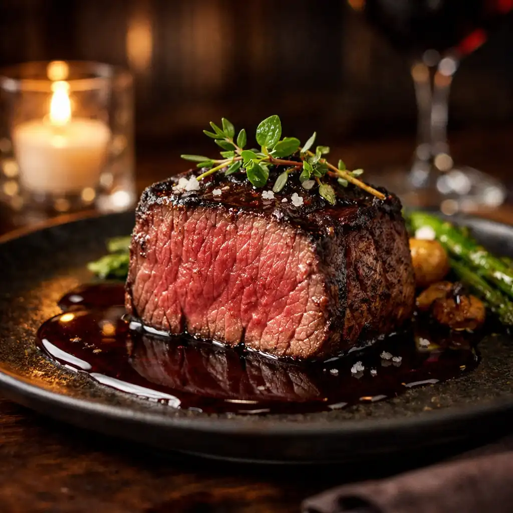 Wagyu beef tenderloin with red wine jus on a dark plate