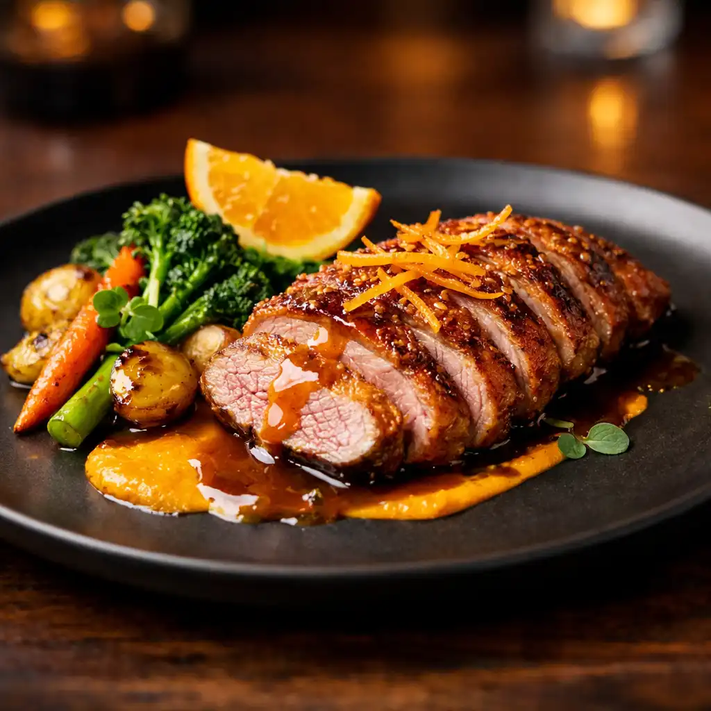 Roasted duck breast with orange glaze and seasonal vegetables