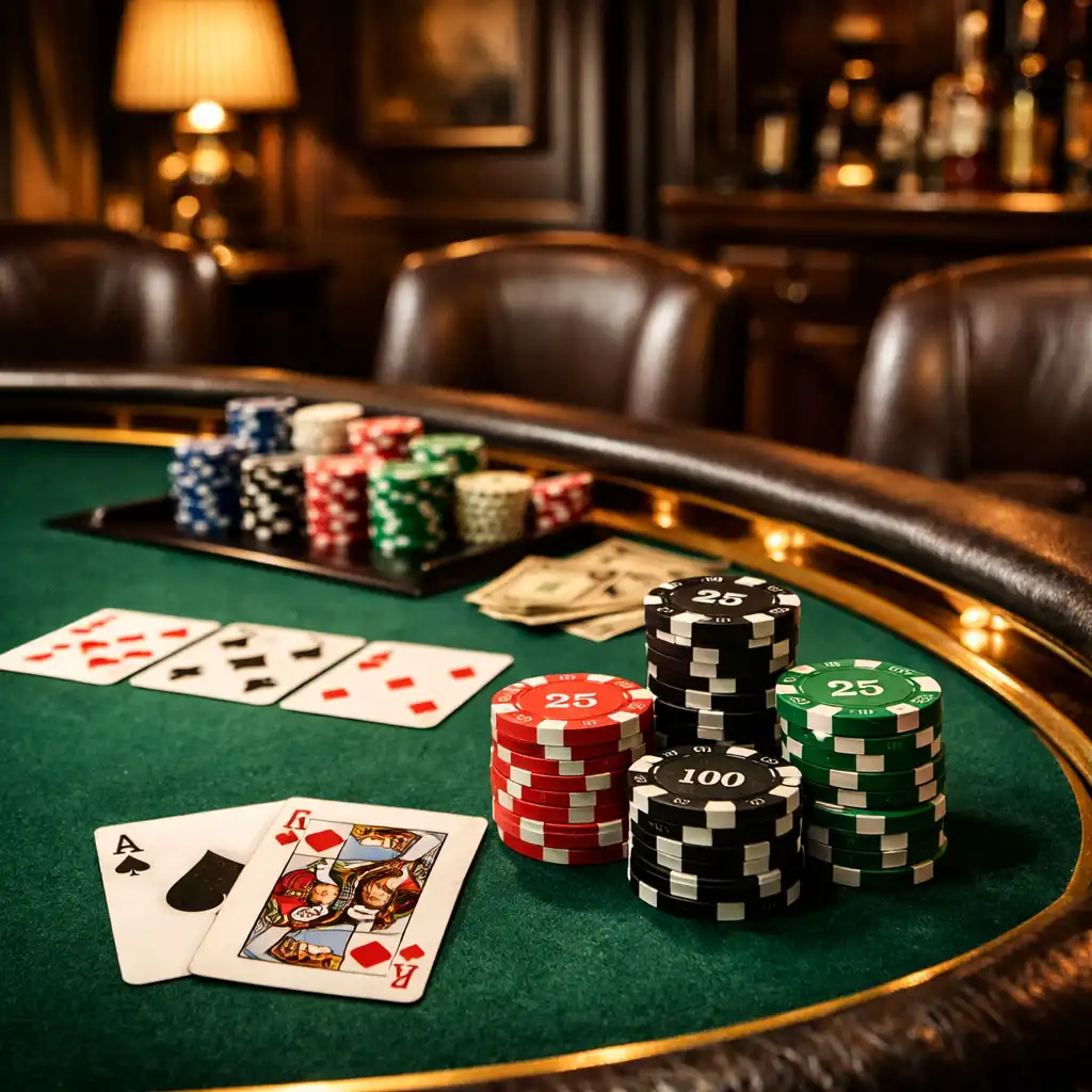 High-end poker table with green felt, gold accents, professional chips, and leather chairs in a dimly lit private card room