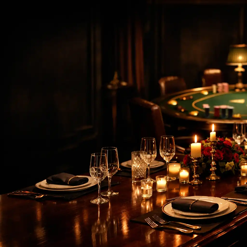 Candlelit private dining table set with fine china and crystal, with a subtle poker table visible in the background