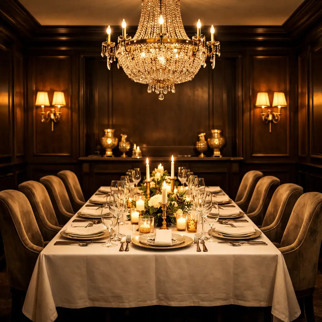 Intimate private dining room with dark wood paneling, formal table setting, and warm ambient lighting