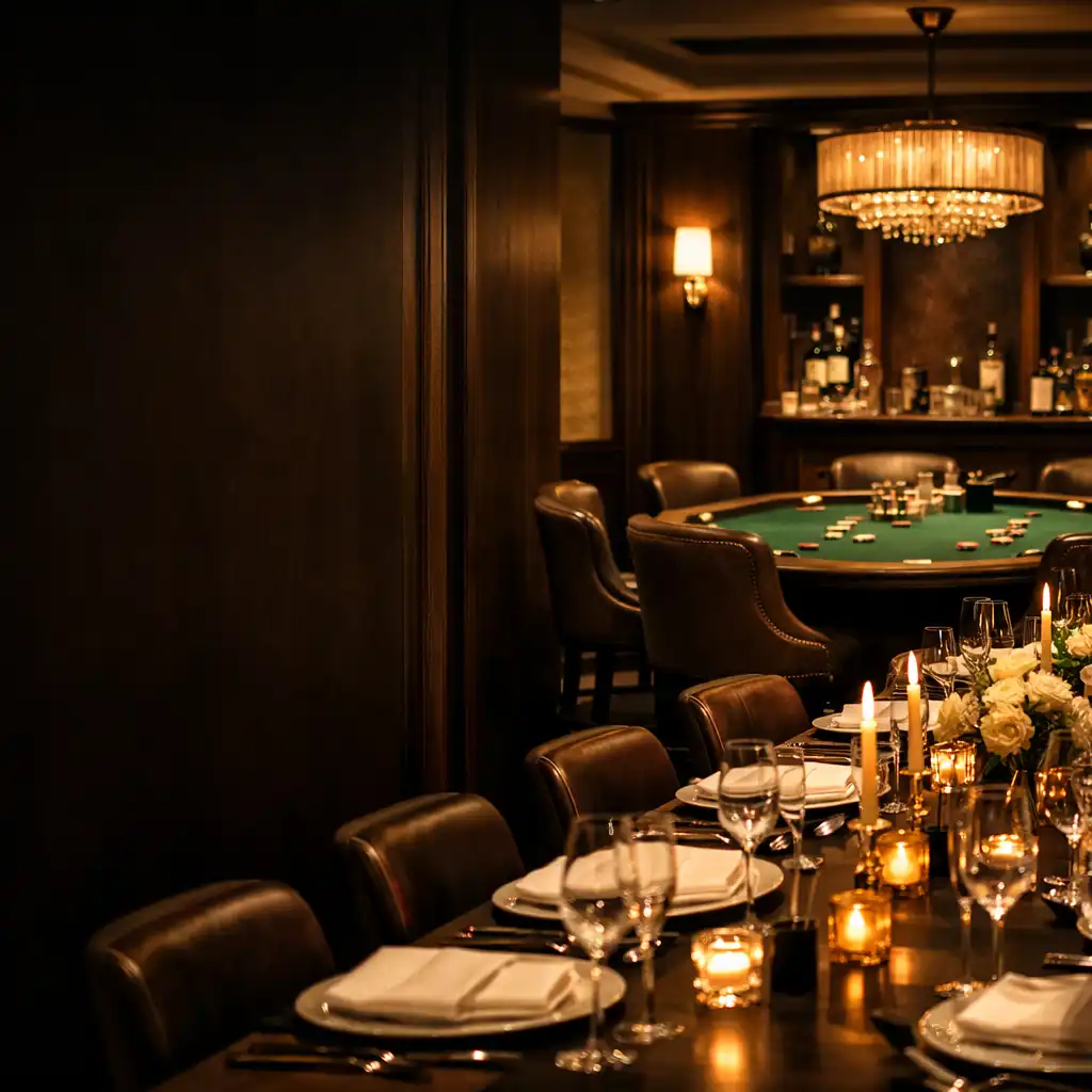 Private dining room set for an exclusive event with a poker table in the background at Apuestas Club Sydney