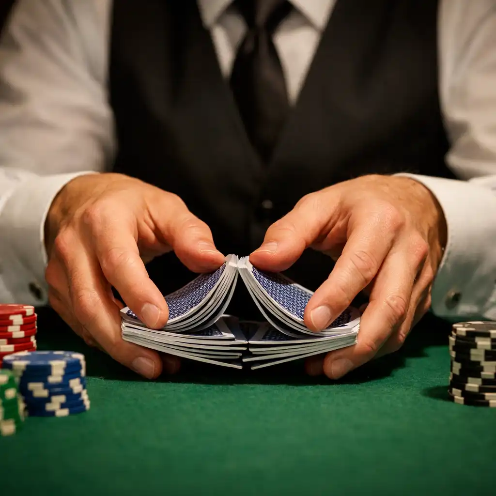 Professional poker dealer's hands shuffling cards at a felt table with neatly stacked chips