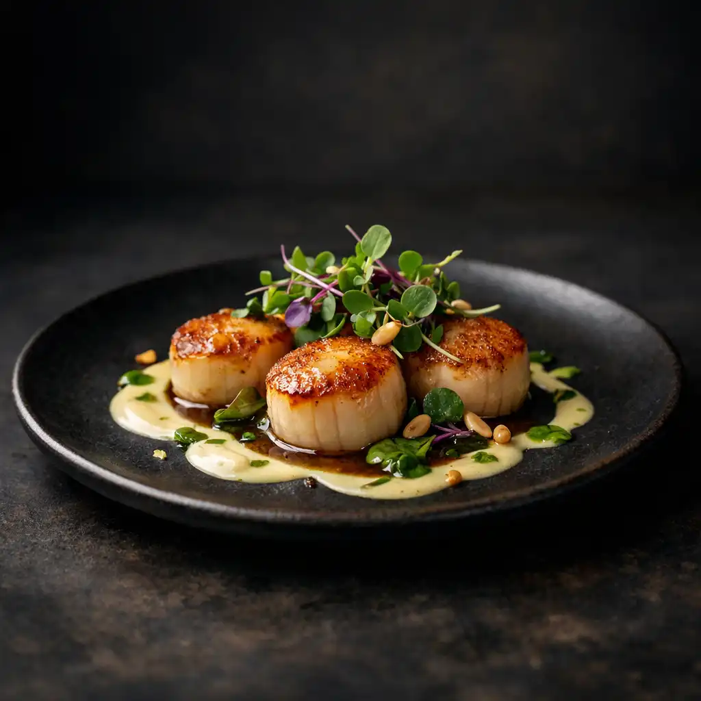 Seared scallops with microgreens and delicate sauce on a dark ceramic plate