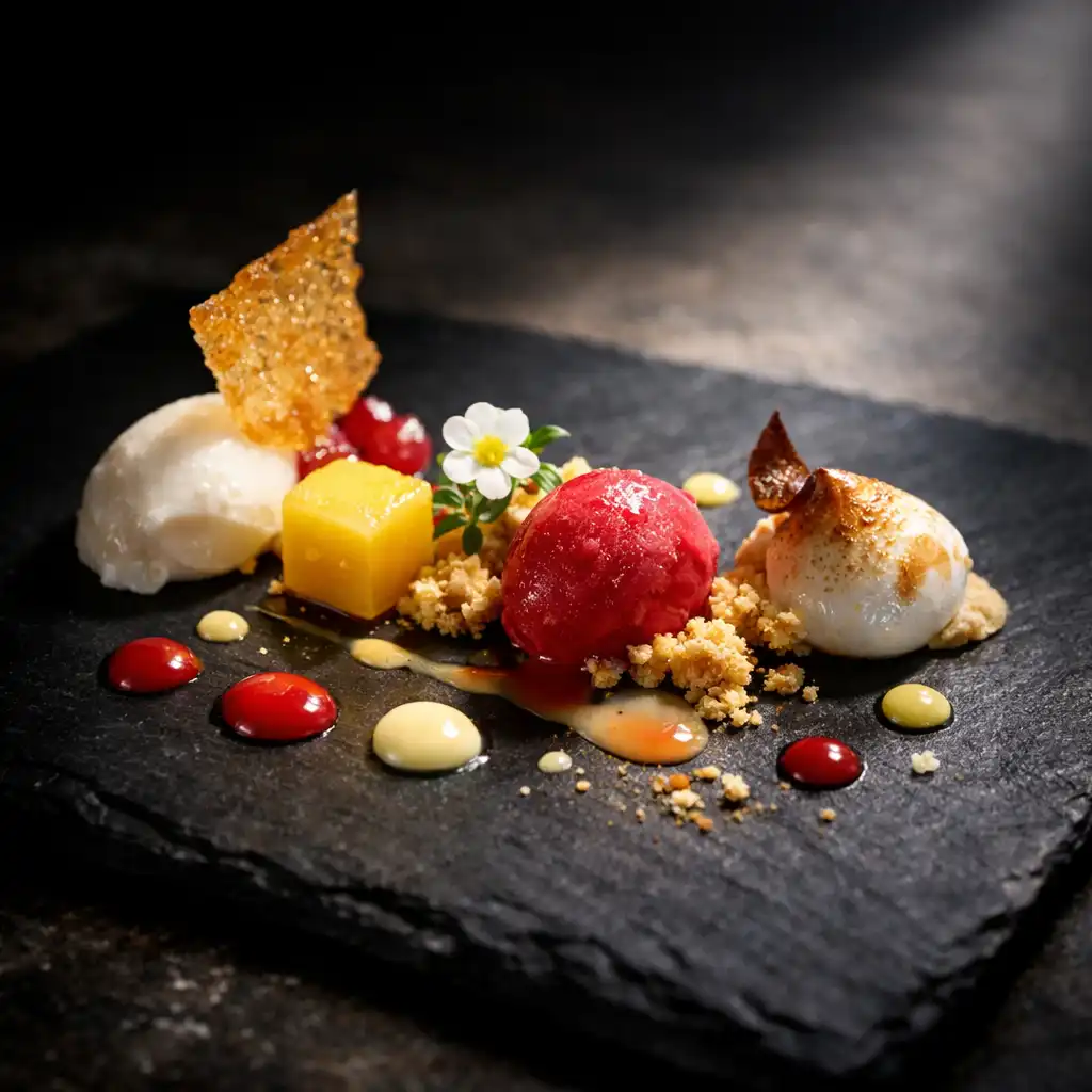 Artistic tasting dish with delicate sauce dots on a dark plate