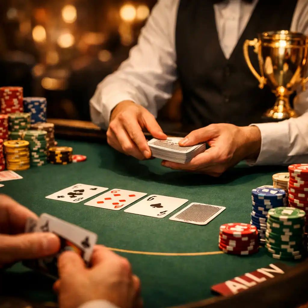 Close-up of a Texas Hold'em tournament in progress with chips, cards, and a trophy in the background