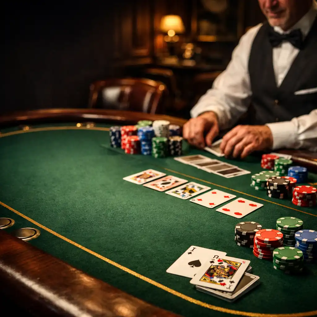 Professional dealer managing a Texas Hold'em tournament at a luxurious poker table in Apuestas Club Sydney
