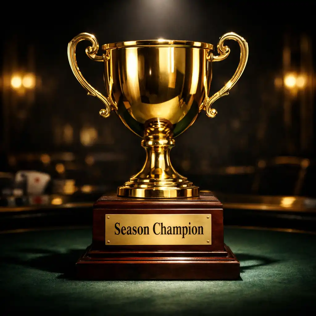 Season Champion Trophy on a dark wooden pedestal