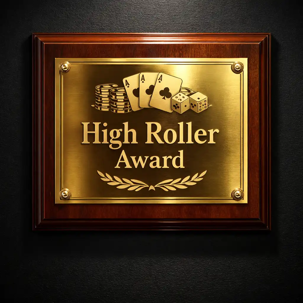 High Roller Award plaque mounted on a dark wall