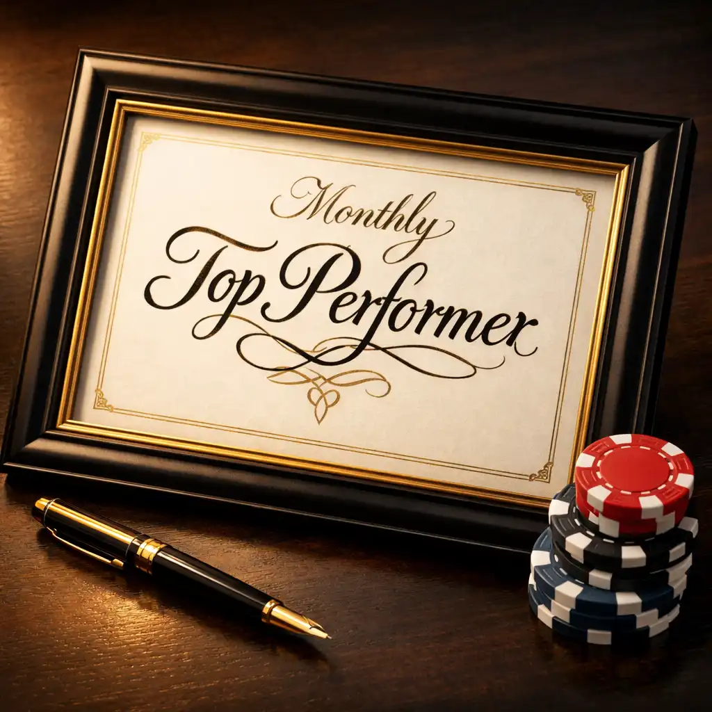 Monthly Top Performer certificate with a gold pen and poker chips
